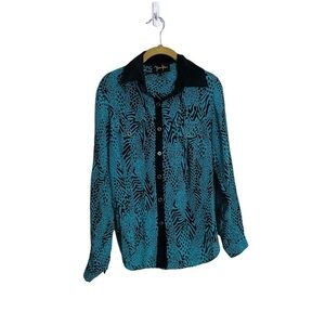 Yumi Kim Blue Animal Print Button Down Silk Blouse Small